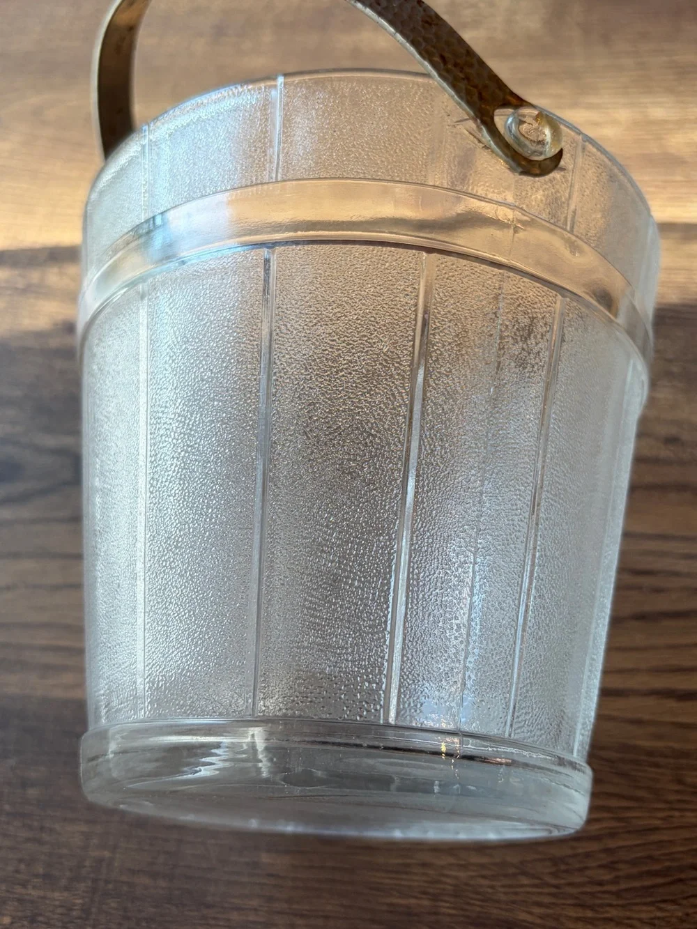 Vintage Clear Textured Glass Ice Bucket with Metal Swing Handle~Mid Century Era